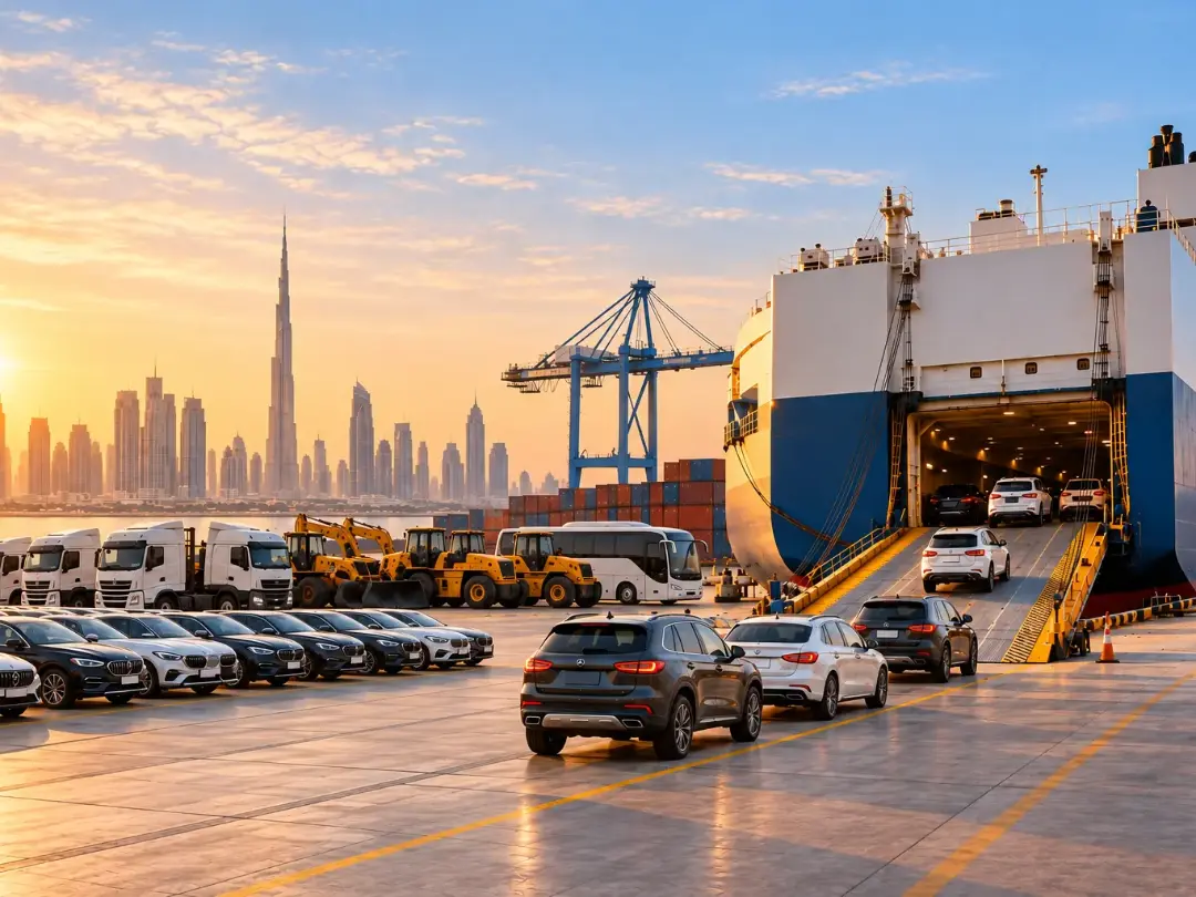 Cars, trucks and machinery loading onto a RoRo vessel in Dubai for automobile shipping worldwide