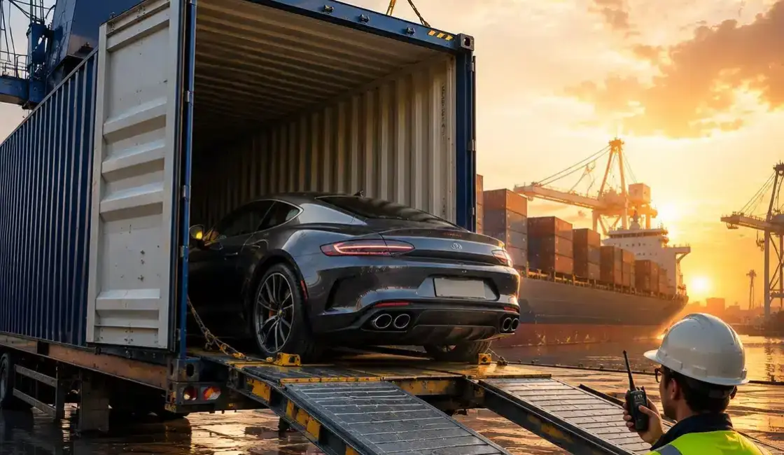 Car loaded in a container for automobile shipping from Dubai
