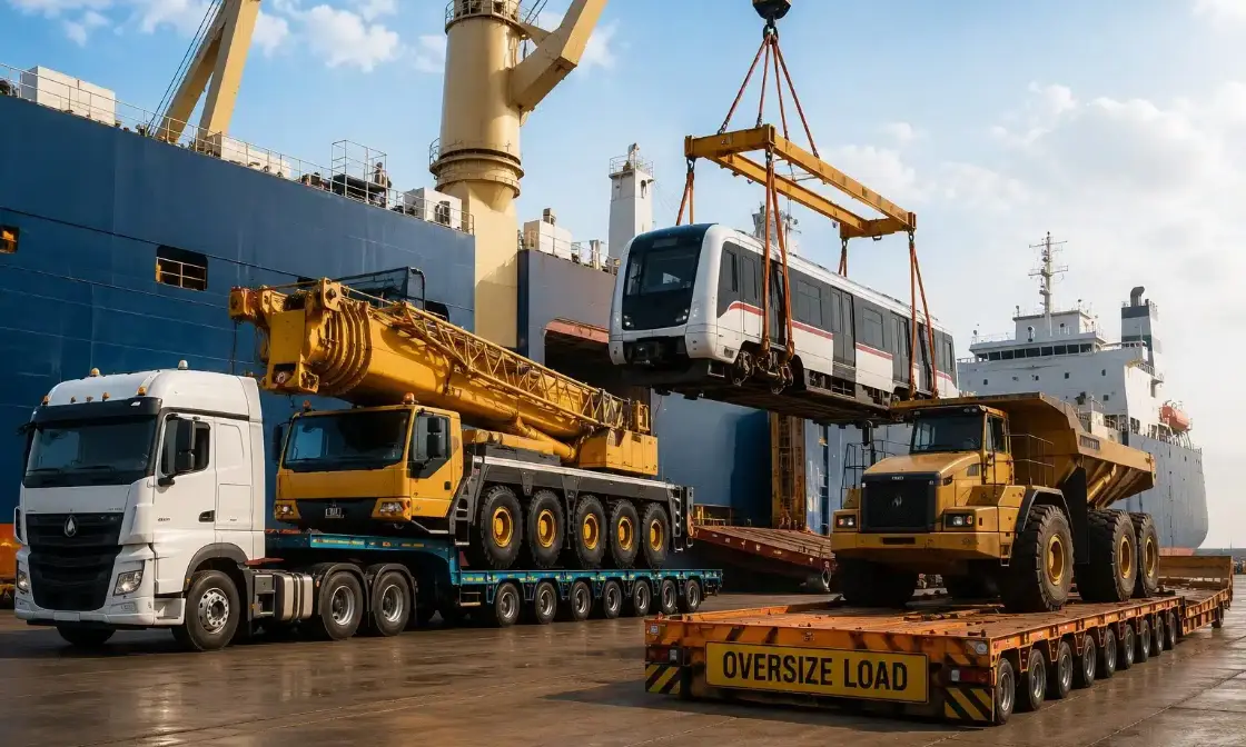 Oversized vehicles and heavy equipment being loaded for flat rack shipping from Dubai