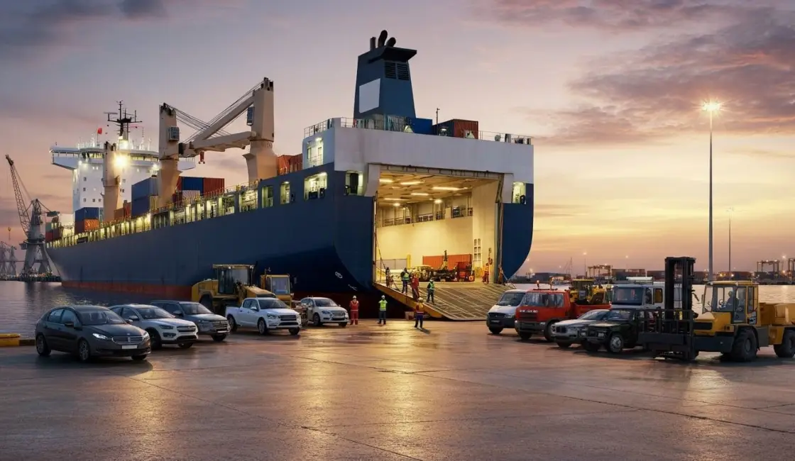 RoRo vessel loading vehicles for shipping from Dubai